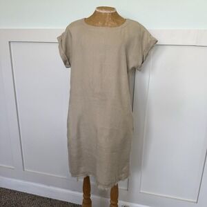 MAGASCHONI Short Sleeve 100% Linen Dress SMALL Beige Fringe Pockets Minimalist